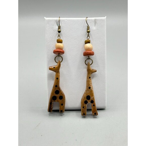 Vintage Giraffe Earrings Carved Hand Painted Wood Dangles Animal Ethnic Jewelry - Picture 8 of 8